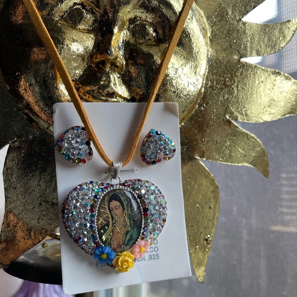 Our lady Guadalupe 925 sterling silver heart rhinestone pendant and earrings - Picture 16 of 17